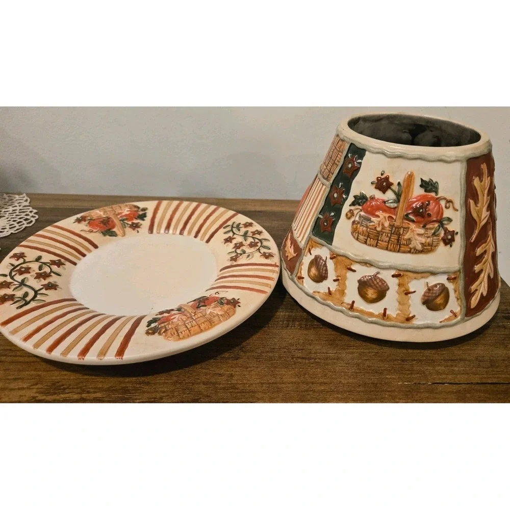 Vtg Yankee Candle Autumn HTF Ceramic Shade Plate Set Pumpkins Acorns Flowers